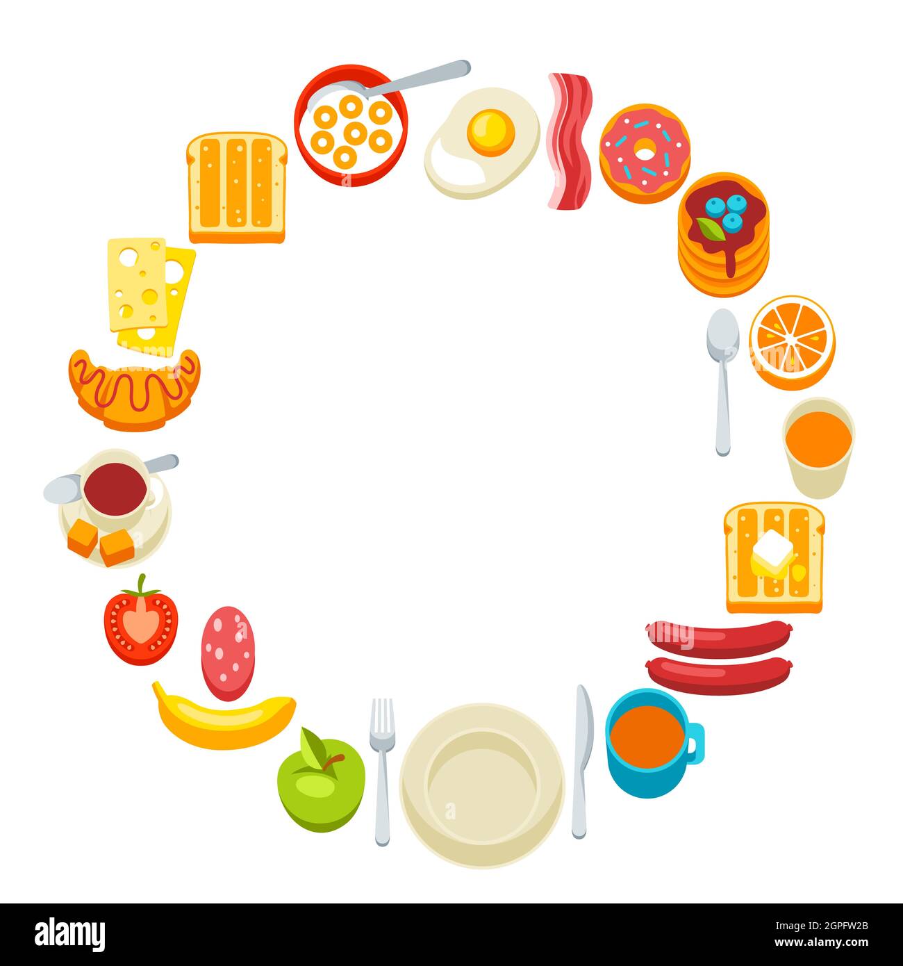 Gesundes Frühstück. Verschiedene Speisen und Getränke. Illustration für Cafés, Restaurants und Hotels. Stock Vektor