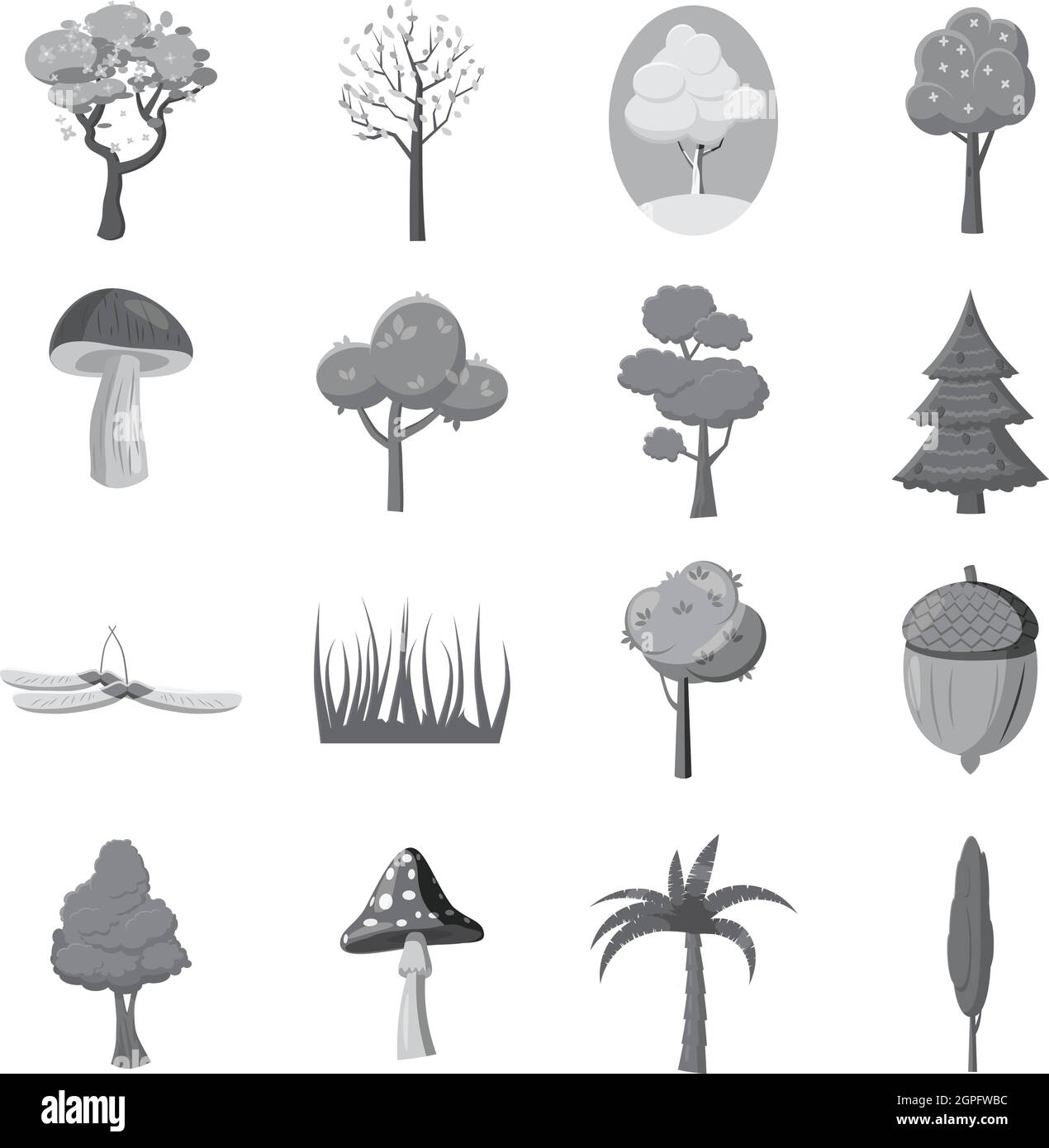 Wald-Symbole Elemente Set, grauen Stil Monochrom Stock Vektor