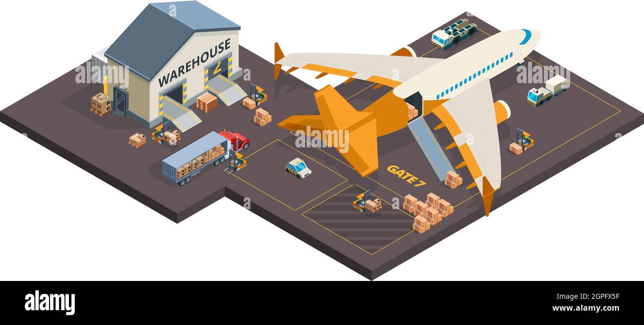 Frachtflugzeug. Laden von Flugzeugpaketen und Containern Flughafen LKW Betankung Vektor isometrische Fracht-Transport Stock Vektor