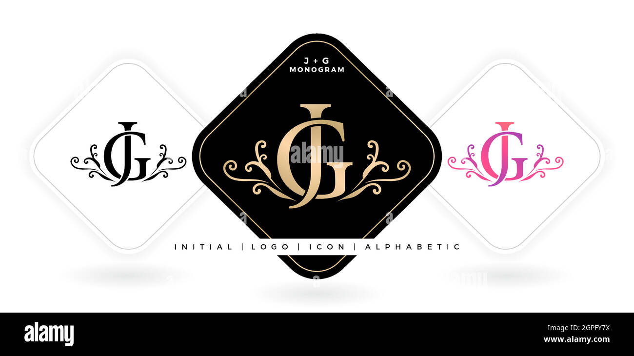 JG- oder GJ-Anfangsbuchstabe und Grafikname, JG- oder GJ-Monogramm, für das Logo-Monogramm für Hochzeitspaar, das Logo-Unternehmen und das Icon-Geschäft, mit drei verschiedenen Farben, Designs mit isolierten weißen Hintergründen Stock Vektor