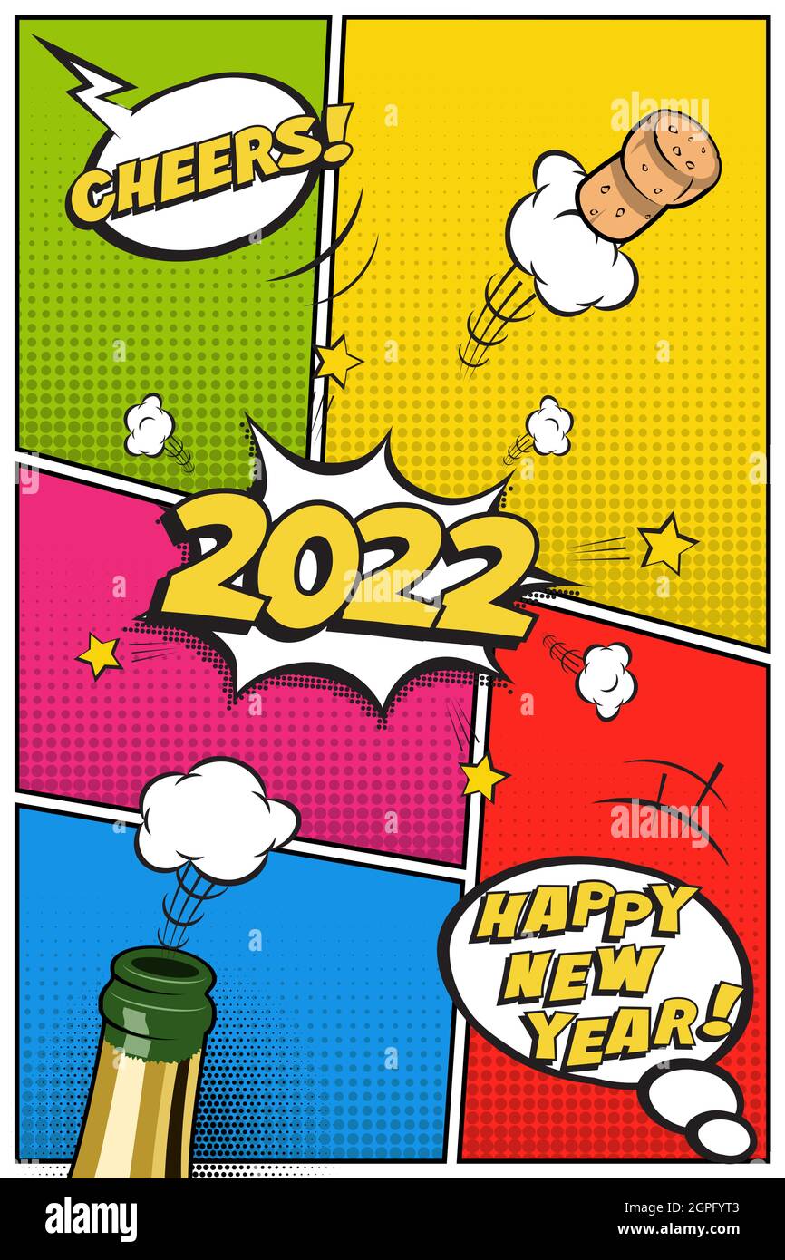 2022 Vorlage für vertikale Postkarte oder Grußkarte für Neujahr. Vector festliches Retro-Design im Comic-Stil mit Champagner-Flasche und fliegendem Korken Stock Vektor