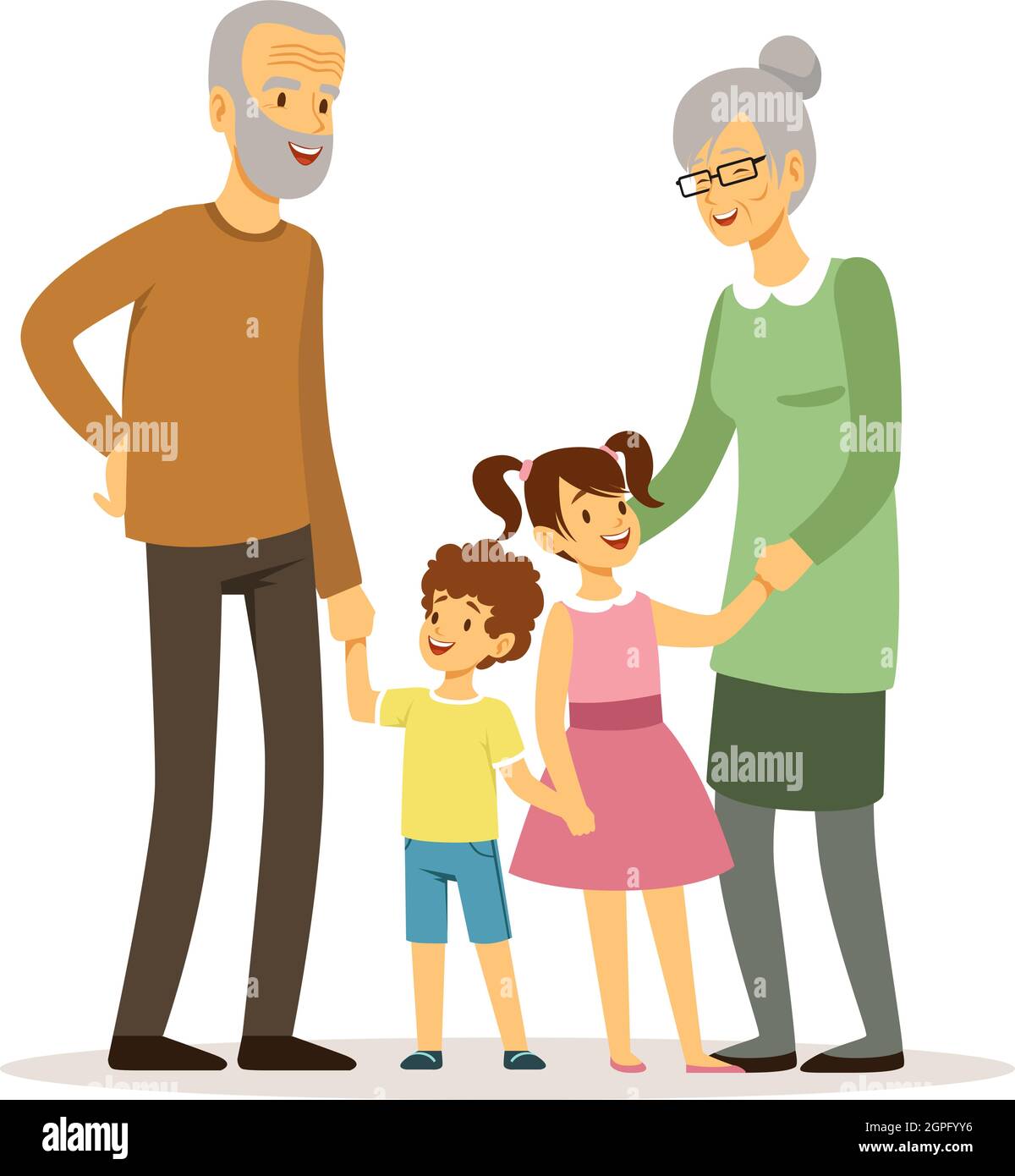 Glückliche Großeltern. Lächelnde ältere Frau Mann mit Kindern. Familienzeit, isolierte Cartoon-alte Menschen und junge Kinder. Junge Mädchen mit Erwachsenen Vektor Stock Vektor
