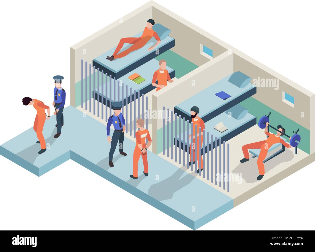 Gefängnisinnenraum. Gefangene, die in Kameras sitzen, gehen Polizeiwachen in Gefängniszimmern Insasse Personen Vektor isometrisch Stock Vektor