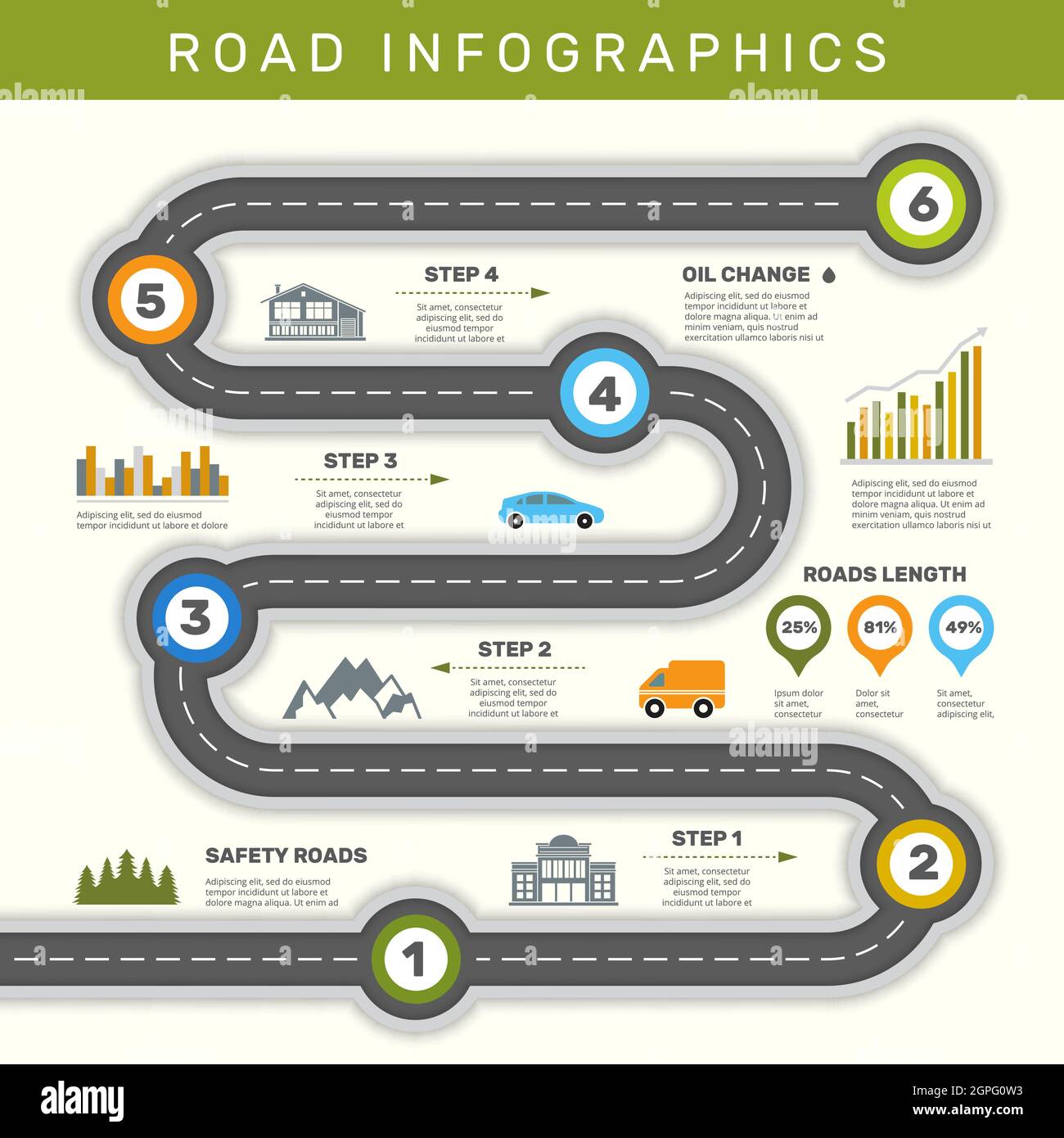 Infografik zur Straße. Zeitachse mit grafischer Vektorvorlage für den Business-Workflow mit Punktdiagramm Stock Vektor