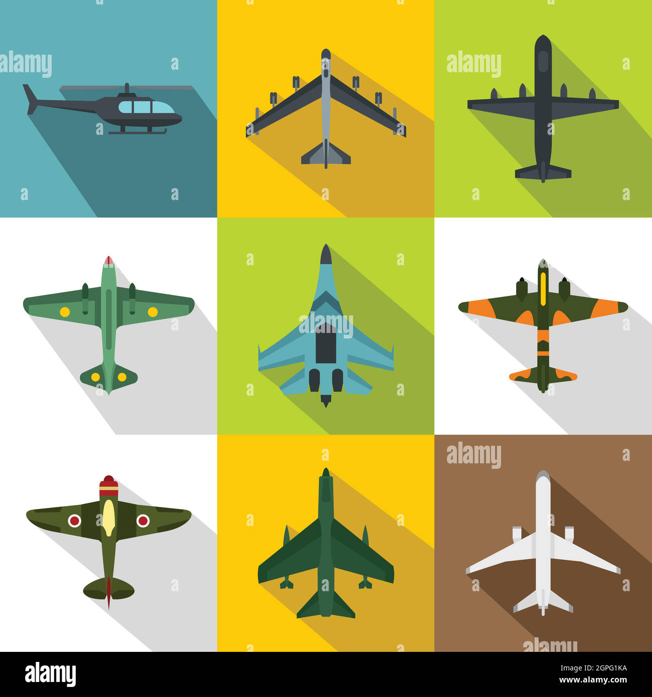 Militärflugzeuge Icons Set, flachen Stil Stock Vektor