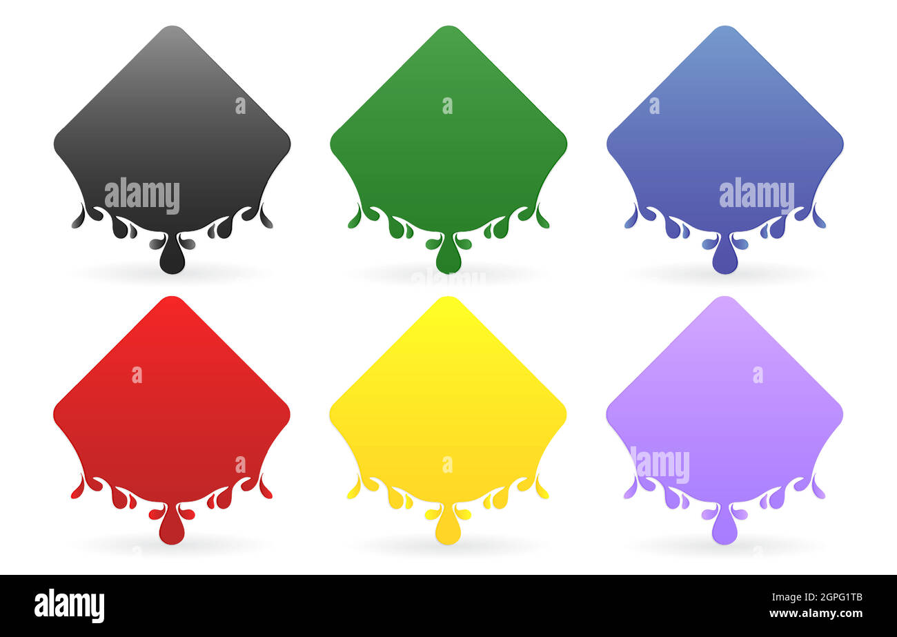 Label DROPS rechteckige Modelle mit sechs verschiedenen Farben isoliert weißen Hintergrund, Flüssigkeiten Tropfen. Bunte Tropfen Öl, Honig, Tintenfarbe, Oliven, Wasser, Realistisches Vektor-Set für Gleitmittel und Bluttropfen. Stock Vektor