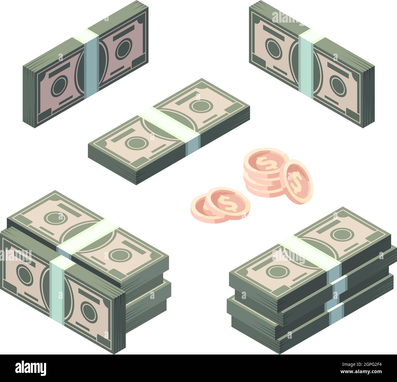 Geld isometrisch. Cash Goldmünzen und Dollar Finanzen Banking Symbole Vektor Sammlung Set Stock Vektor