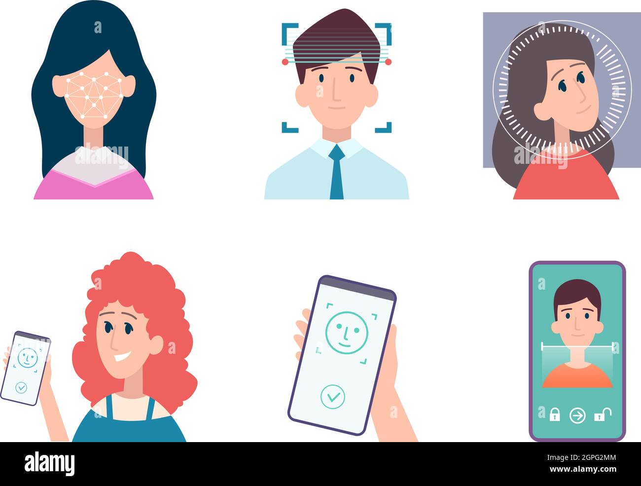 Gesichtserkennung. ID biometrischen Menschen Erkennung Sicherheit Smartphone Web-Zugang intelligente Identifikation Technologie Vektor Cartoon Set Stock Vektor