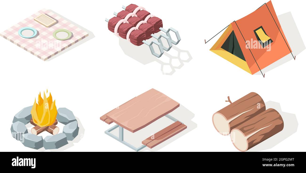 Picknick isometrisch. BBQ Ausrüstung Feuer Lager frische Lebensmittel und Gegenstände für Grill Party Vektor-Illustrationen Stock Vektor