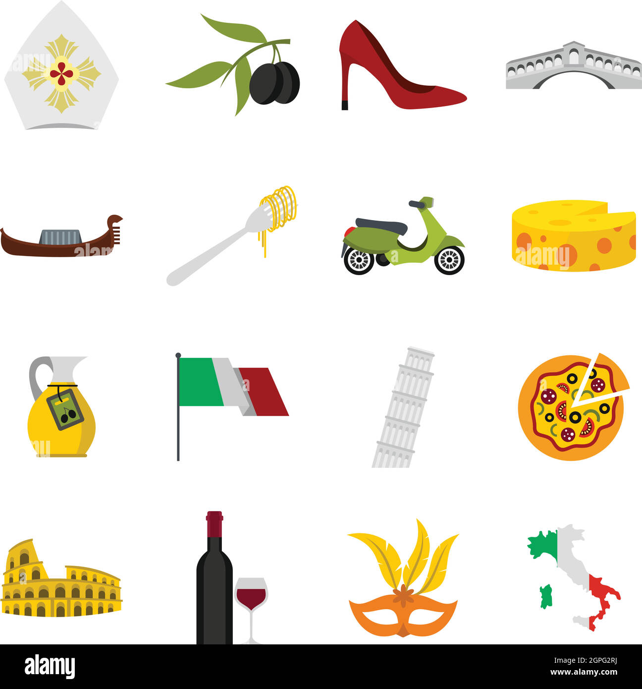 Italien-Symbole festlegen, flache Stil Stock Vektor