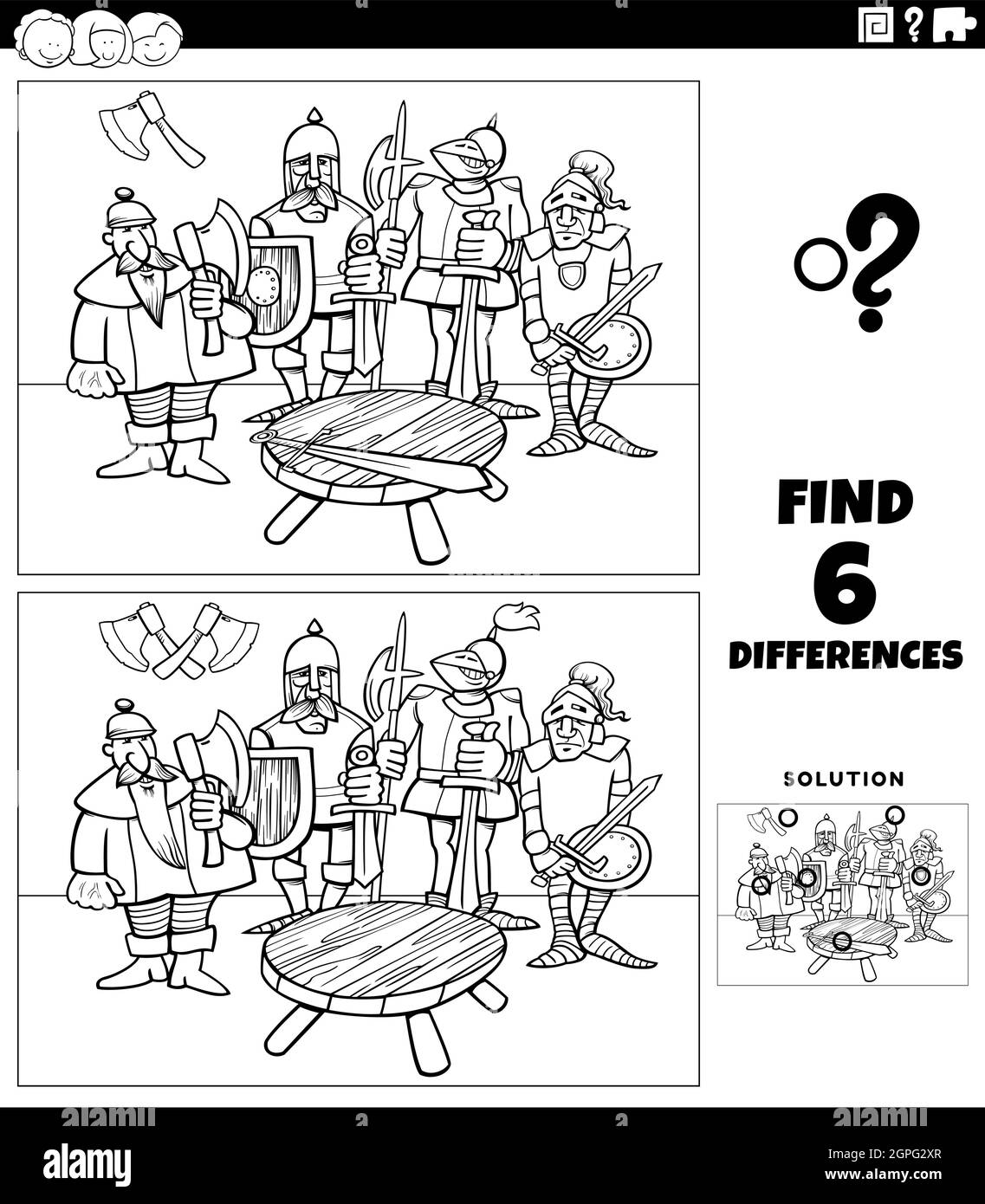 Unterschiede pädagogisches Spiel mit Rittern Färbung Buch Seite Stock Vektor