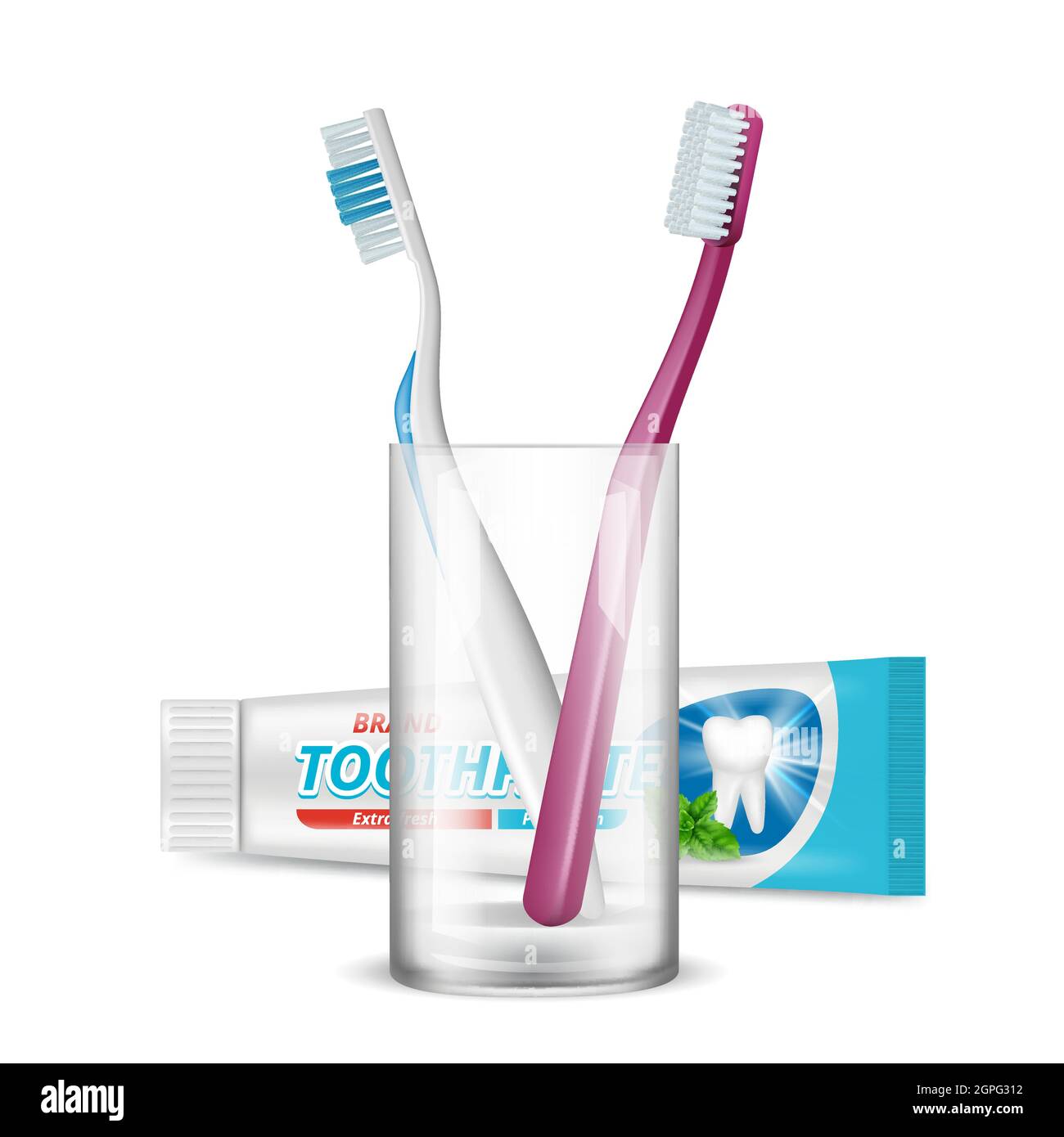 Zahnbürste aus Glas. Zahnärztliche täglichen Schutz Morgenhygiene Kunststoff-Tube-Paket für Zahnpasta Vektor realistische Isolierung Stock Vektor