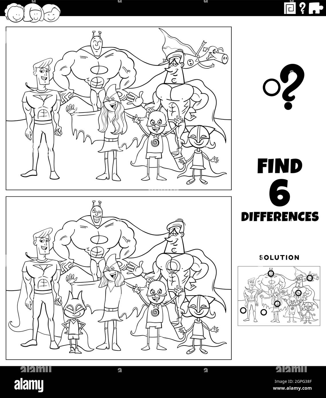 Unterschiede pädagogisches Spiel mit super Helden Farbe Buchseite Stock Vektor