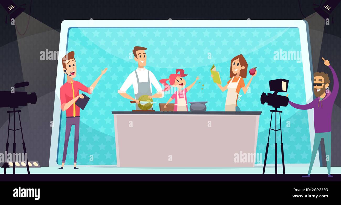 Familienkochshow. TV-Unterhaltung, Eltern und Kind in der Küche. Aufnahmeprogramm mit Vektorgrafik des Regisseurs Stock Vektor