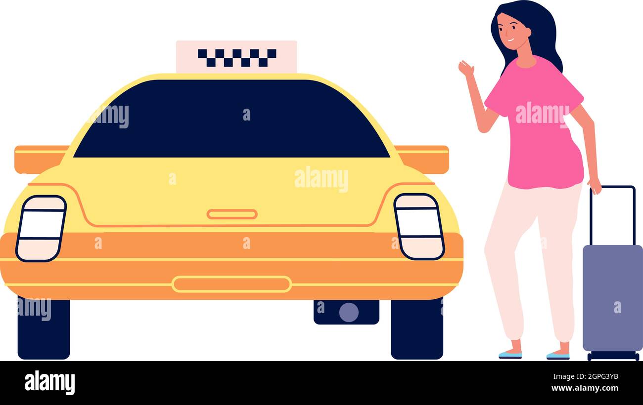 Reisende und Taxi. Straße zum Flughafen, junge Frau mit Koffer in gelbem Auto. Isolierter weiblicher Vektor-Charakter Stock Vektor