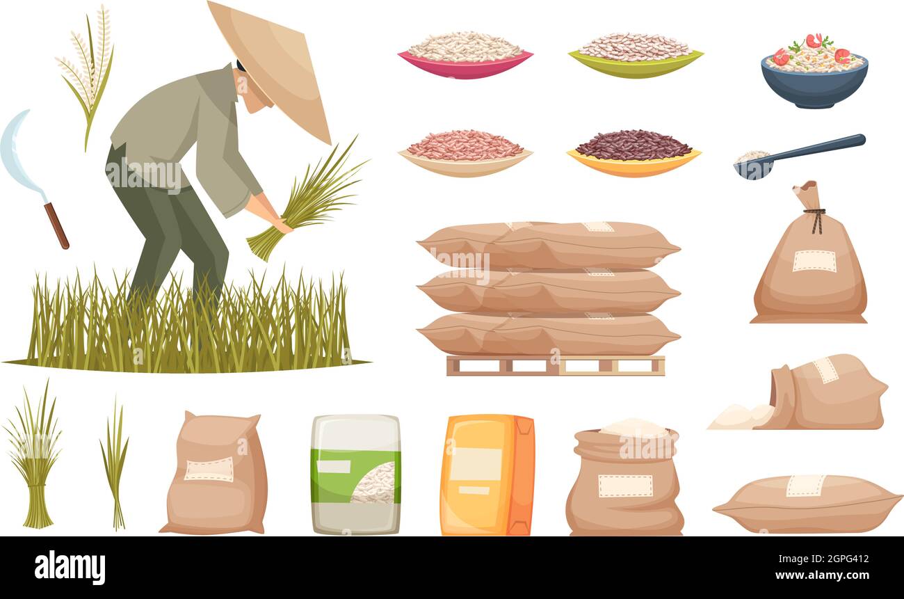 Reisbeutel. Landwirtschaftliche Produkte brauner und weißer Reis, der Lebensmittelzutaten transportiert, Vektorgrafiken Stock Vektor
