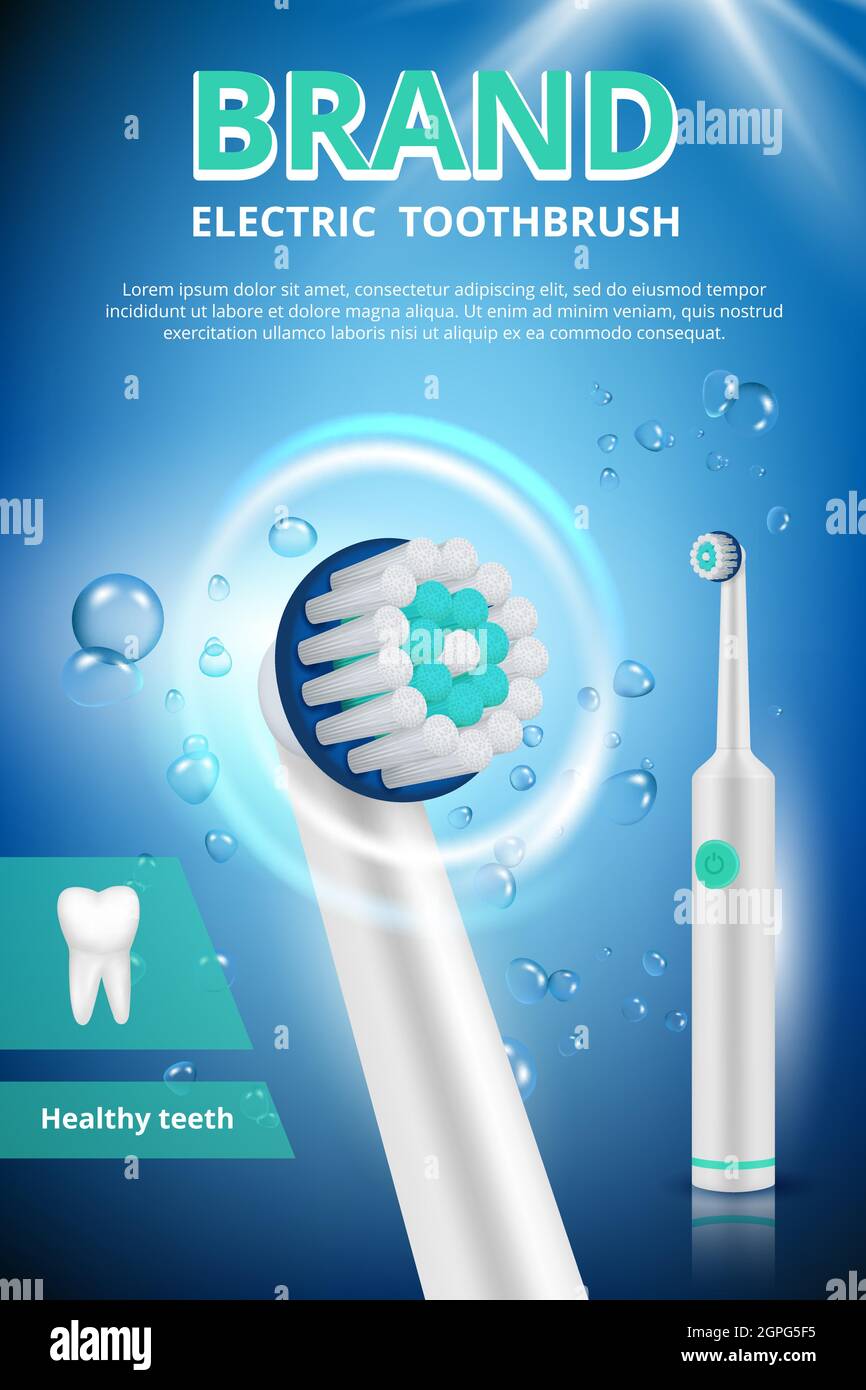Elektrische Zahnbürste. Werbung Zahnarztplakat Werbebild der elektrischen Zahnbürste saubere Hygiene medizinische Konzept Vektor-Bild Stock Vektor