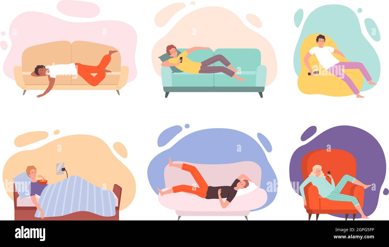 Faule Charaktere. Legen von Menschen auf Couch oder Sofa Fernsehen Schlafen Essen im Bett entspannende Personen Vektor-Illustrationen Stock Vektor