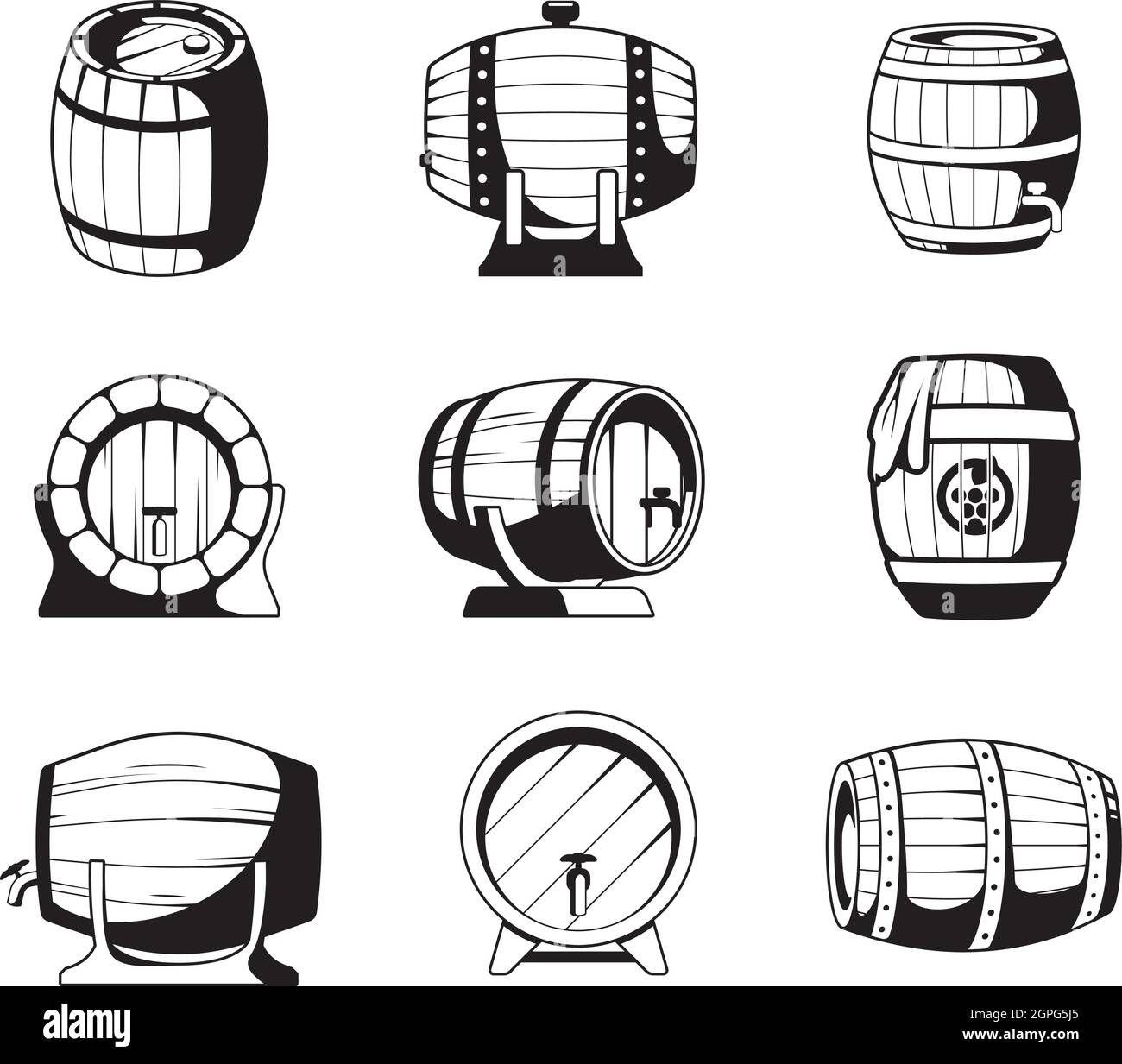 Barrels Silhouetten. Holzfässer Symbole für Wein oder Bier Business Logo Design-Vorlagen Vektor Embleme Sammlung Stock Vektor