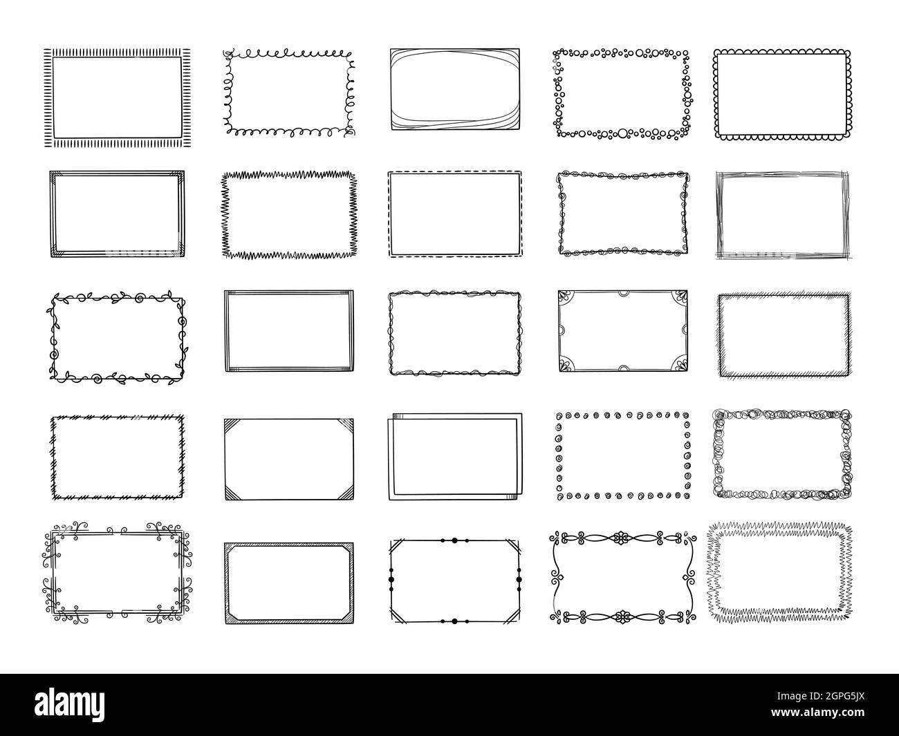 Doodle-Rahmen. Skizzierte handgezeichnete quadratische Formen in verschiedenen Stilen Rahmen und Fotorahmen Vektorset Stock Vektor