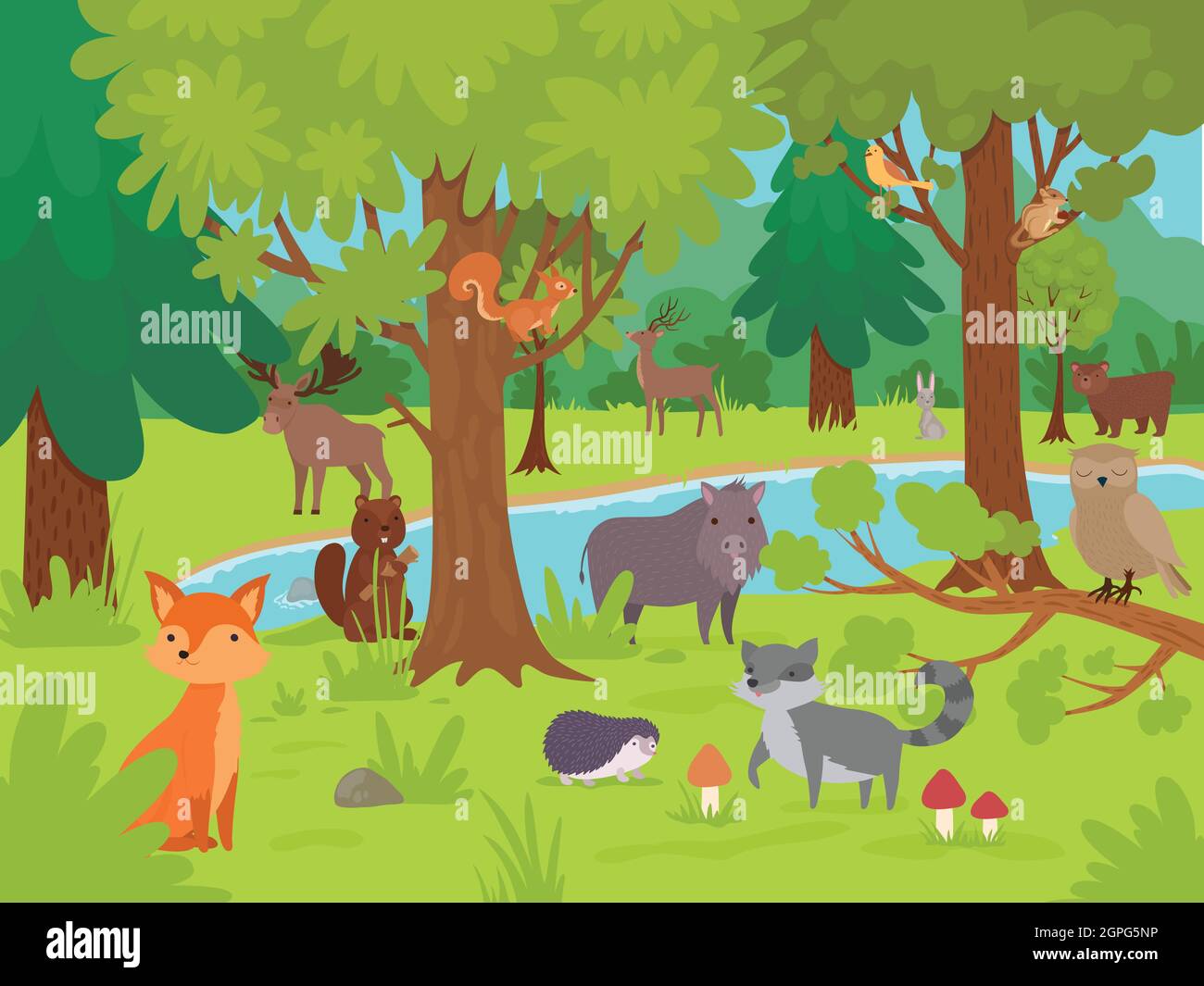 Tiere im Wald Hintergrund. Wilde niedliche glückliche Tiere leben und spielen in Waldlichtung mit großen Bäumen Vektor-Illustrationen Stock Vektor