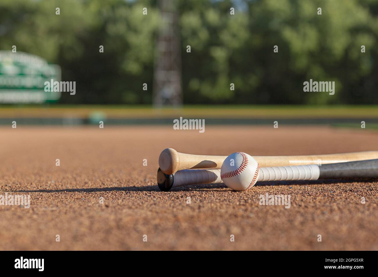 Blick auf einen Baseballschläger aus der Nähe und Holzschläger auf dem schmutzigen Feld des Baseballparks bei Nachmittagssonne Stockfoto