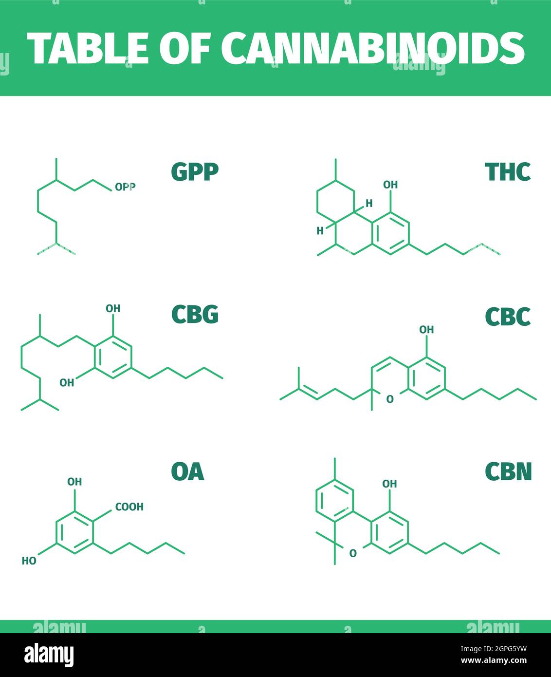 Cannabinoidstrukturen. Molekulare Formel von Cannabisdrogen Chemie Medizinische Symbole Vektor-Infografiken Stock Vektor