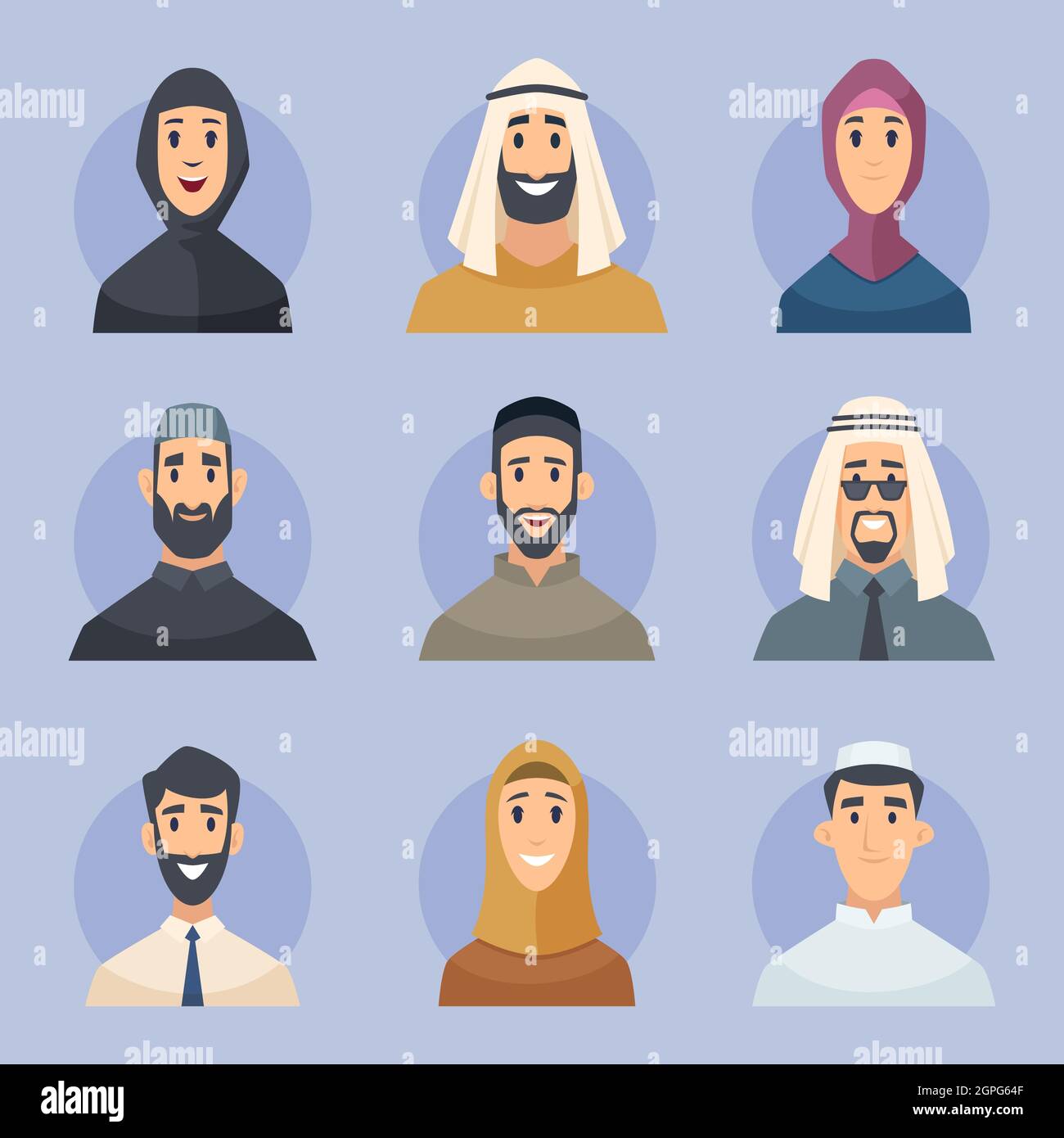 Muslimische Avatare. Arabische männliche und weibliche Charaktere Vorderansicht Porträts Gesichter Vektor Ost Menschen Stock Vektor