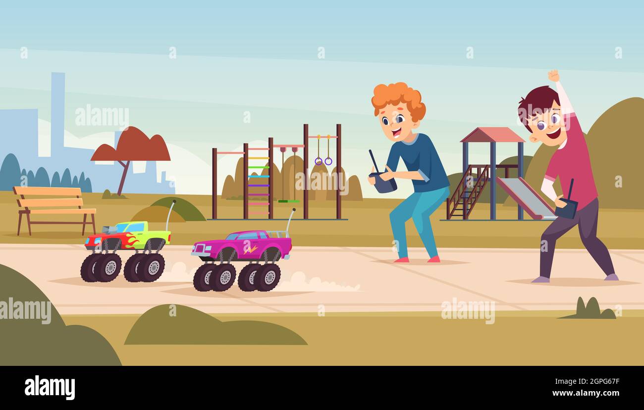 Radio Spielzeug. Glücklich aufgeregt Kinder spielen mit intelligenten  funkgesteuerten Autos Vektor-Cartoon-Figuren Stock-Vektorgrafik - Alamy