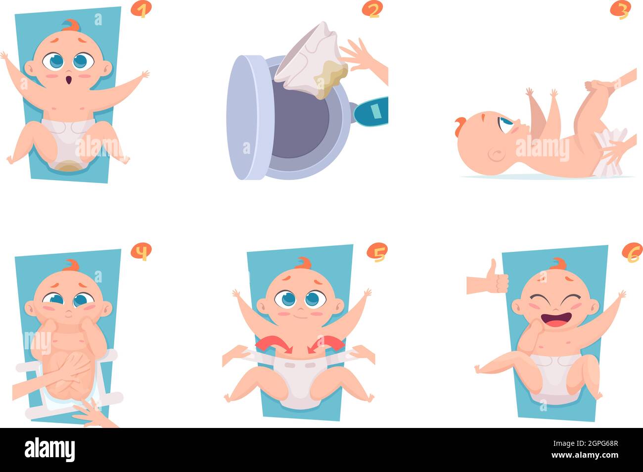 Schritte zum Wechseln der Windeln. Healthcare Medical ankündigen Bilder an Eltern Baby Pflege Vektor Illustration Stock Vektor