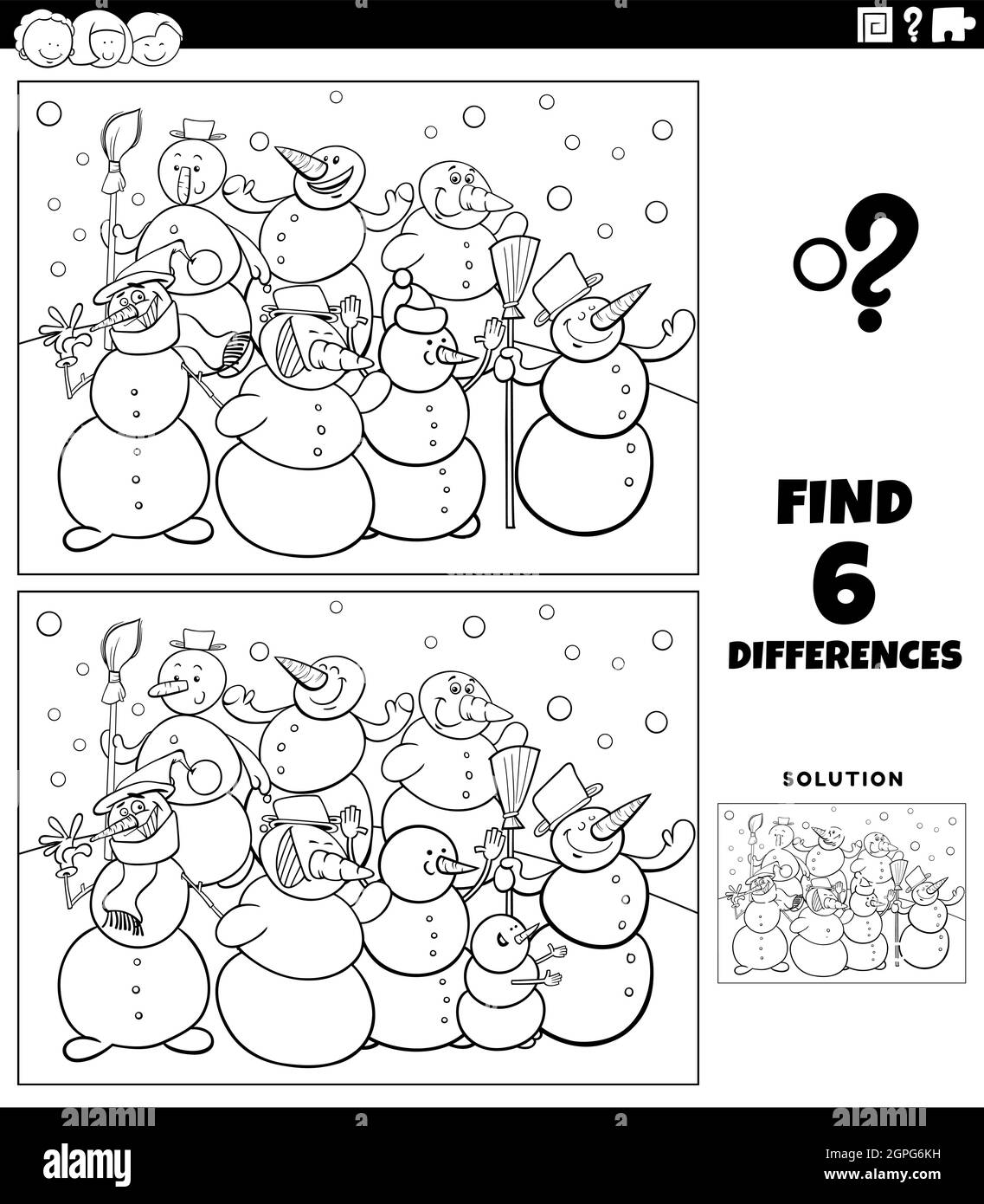 Unterschiede pädagogisches Spiel mit Schneemänner Farbe Buchseite Stock Vektor