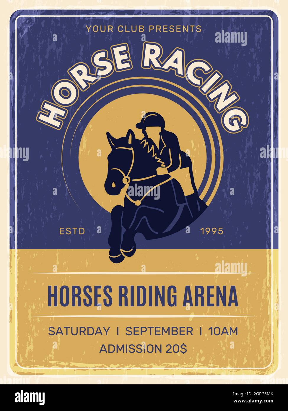 Pferdesport-Poster. Pferd domestic reiten Tiere mit Jockey in Helm Training Club Plakatvorlage Vektor vintage Vorlage Stock Vektor