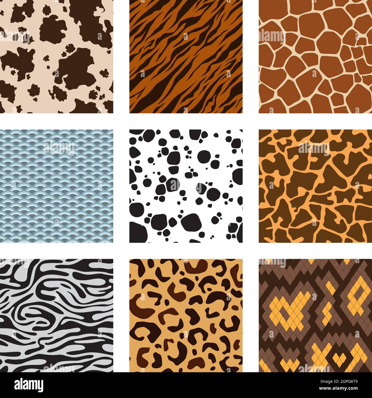 Tiere Hautmuster. Zoo nahtlose Hintergründe Sammlung von Zebra Tiger Giraffe Schlange Skins Vektor-Set Stock Vektor