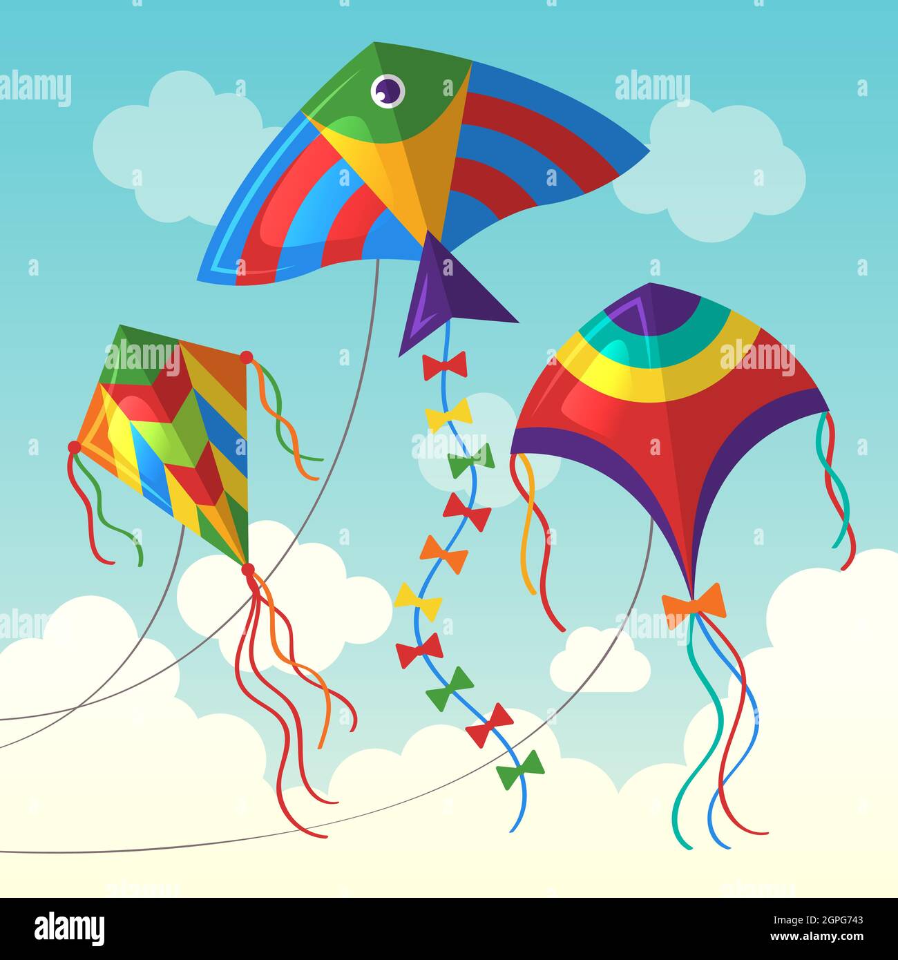 Drachen in der Wolke. Fliegende Outdoor Air Kite Vektor lustige Spielzeug für Kinder Vektor Hintergrund in Cartoon-Stil Stock Vektor