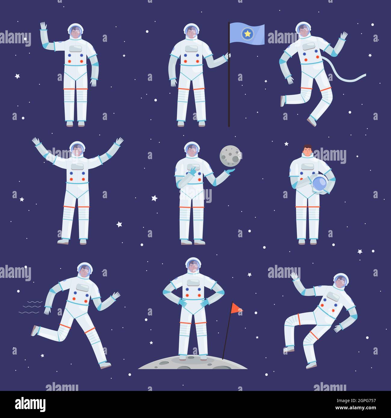 Astronauten-Charaktere. Spaceman Menschen in Aktion stellt insgesamt professionelle Kleidung Anzug Vektor Kosmonauten Stock Vektor