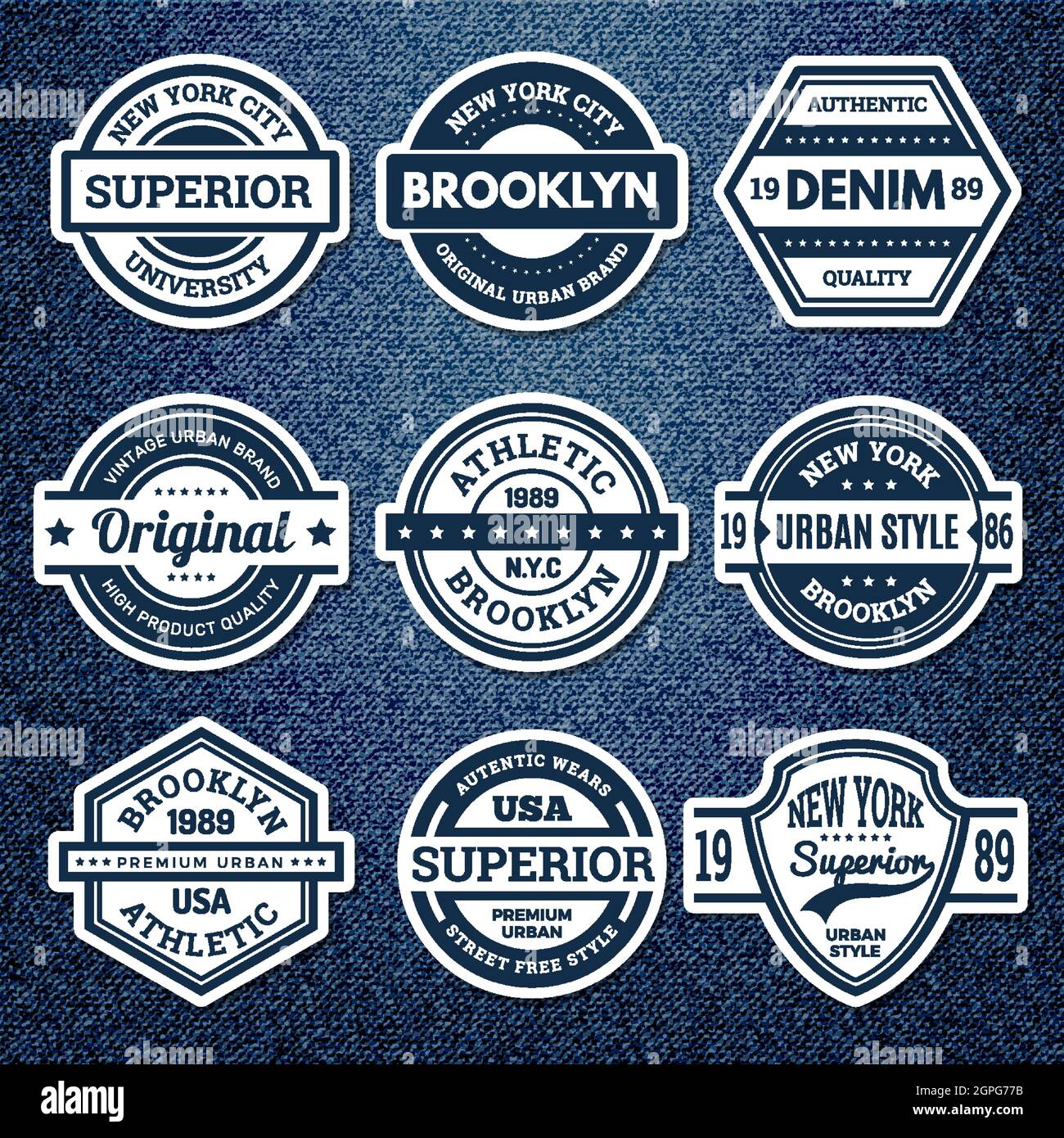 Grafische Jeans-Abzeichen. Jacke Patch Emblem Stickerei vintage Hochschule Stempel Leichtathletik urban style Vektor-Set Stock Vektor