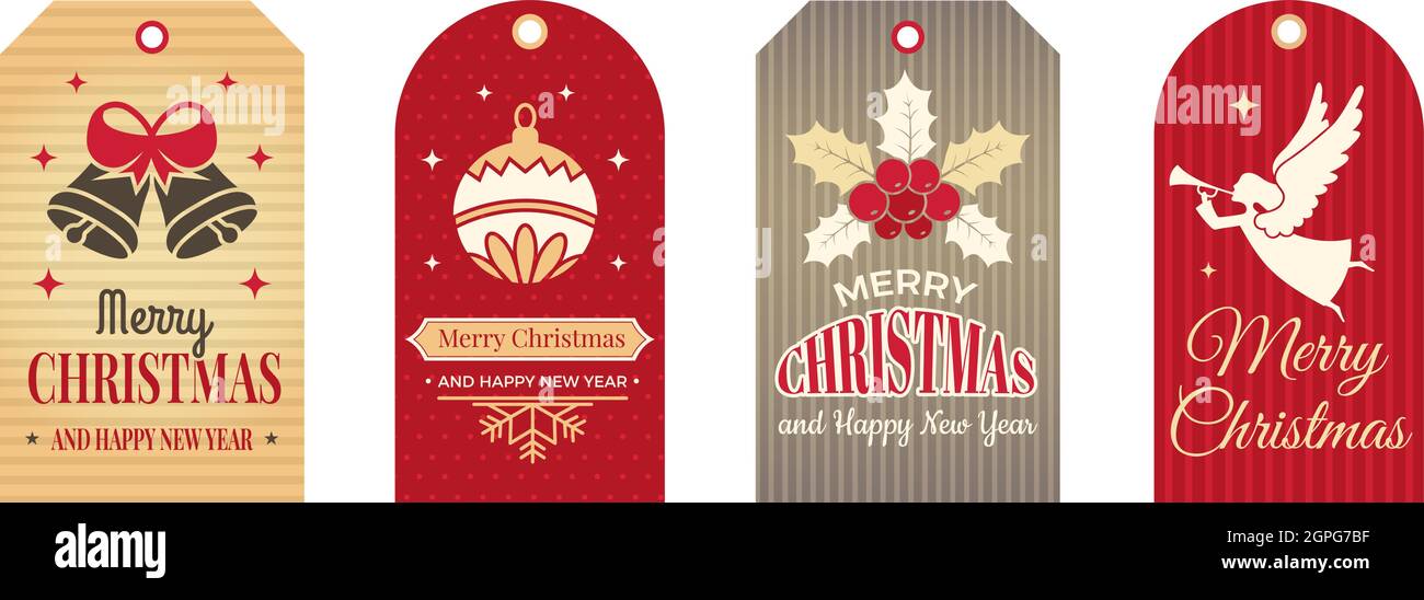 Festliche Tags. Winter weihnachten Etiketten, Kunst Abzeichen für Handwerk oder Scrapbooking. Weihnachten und Neujahr dekorative Elemente Vektor-Kollektion Stock Vektor
