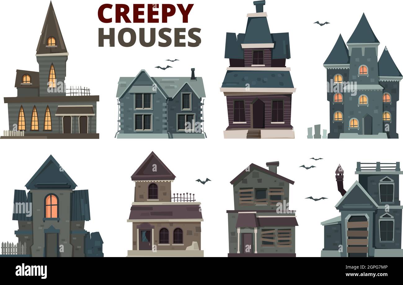 Horror House. Halloween gruselige gotische Dorfgebäude mit gruseligen Vektorbildern gesetzt Stock Vektor