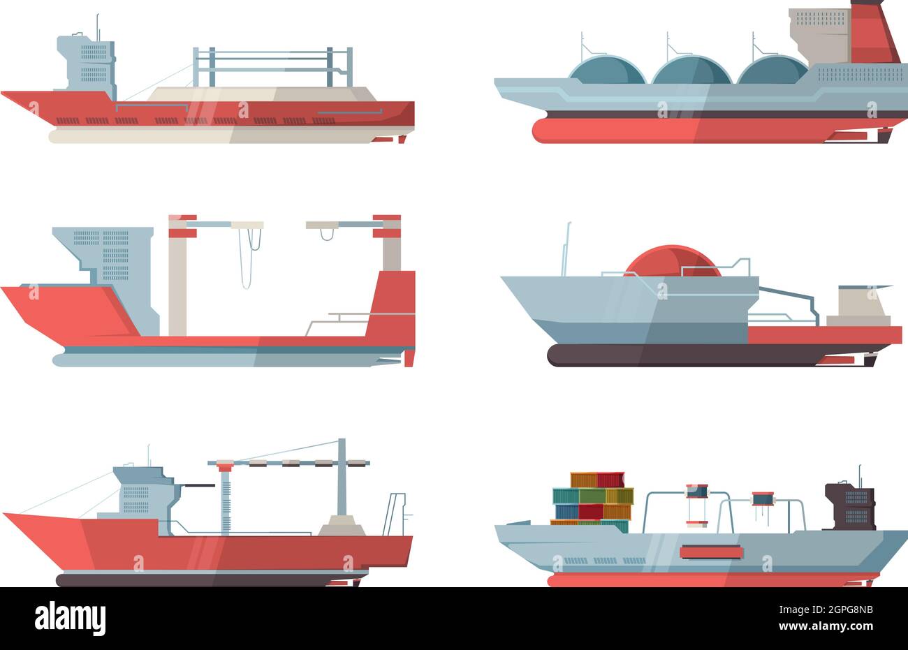 Frachtschiff. Seeschiff Ozeanschiff mit Kran und Container Vektor flache Bilder Stock Vektor