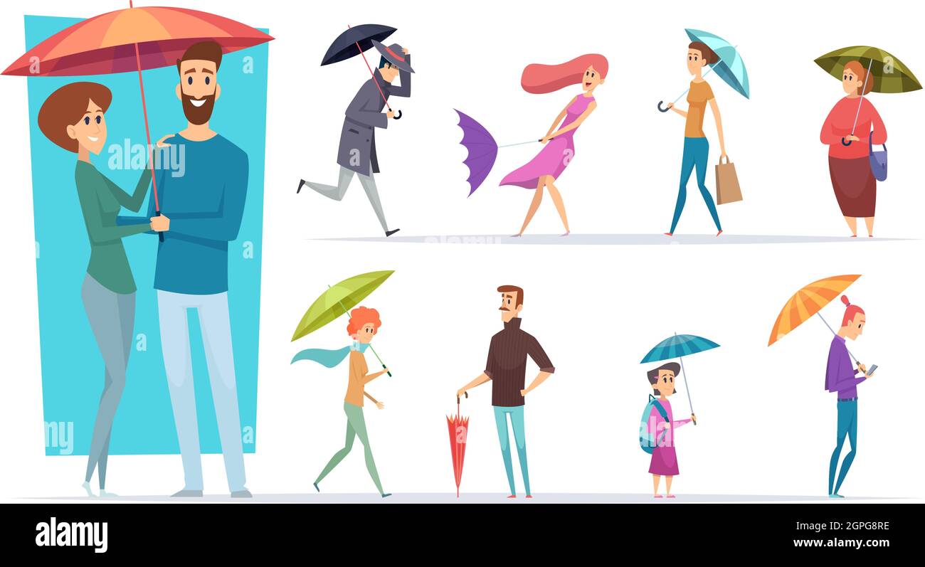 Menschen mit Regenschirm. Regnet Tag Wandern Erwachsene männlich und weiblich halten Regenschirm in den Händen Vektor-Zeichen Stock Vektor