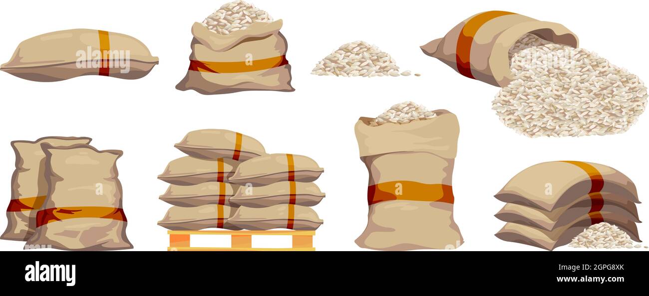 Reisbeutel. Stapel mit säckigen textilen Objekten Getreide landwirtschaftliche Sammlung Vektorsäcke im Cartoon-Stil Stock Vektor
