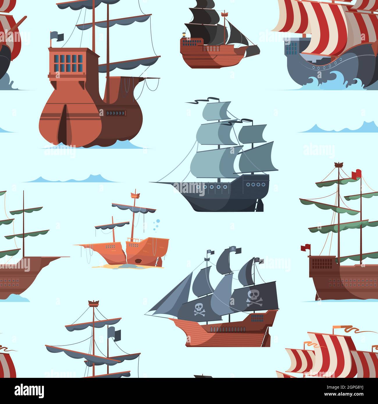 Piratenschiff-Muster. Alte Schifffahrt Boot Abenteuer Konzept nahtlose Vektor-Hintergrund Stock Vektor