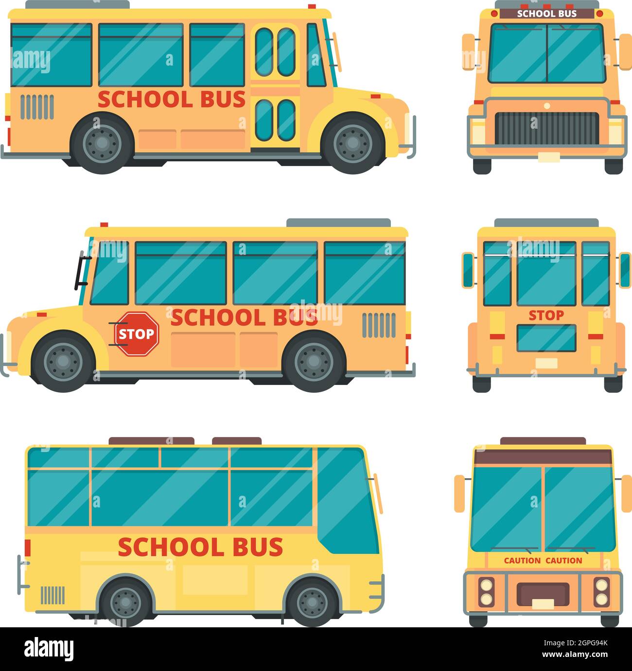 Schulbus. Stadt gelb Fahrzeug für Kinder täglichen Transport Kinder Vektor städtischen Transport verschiedene Ansichten Stock Vektor