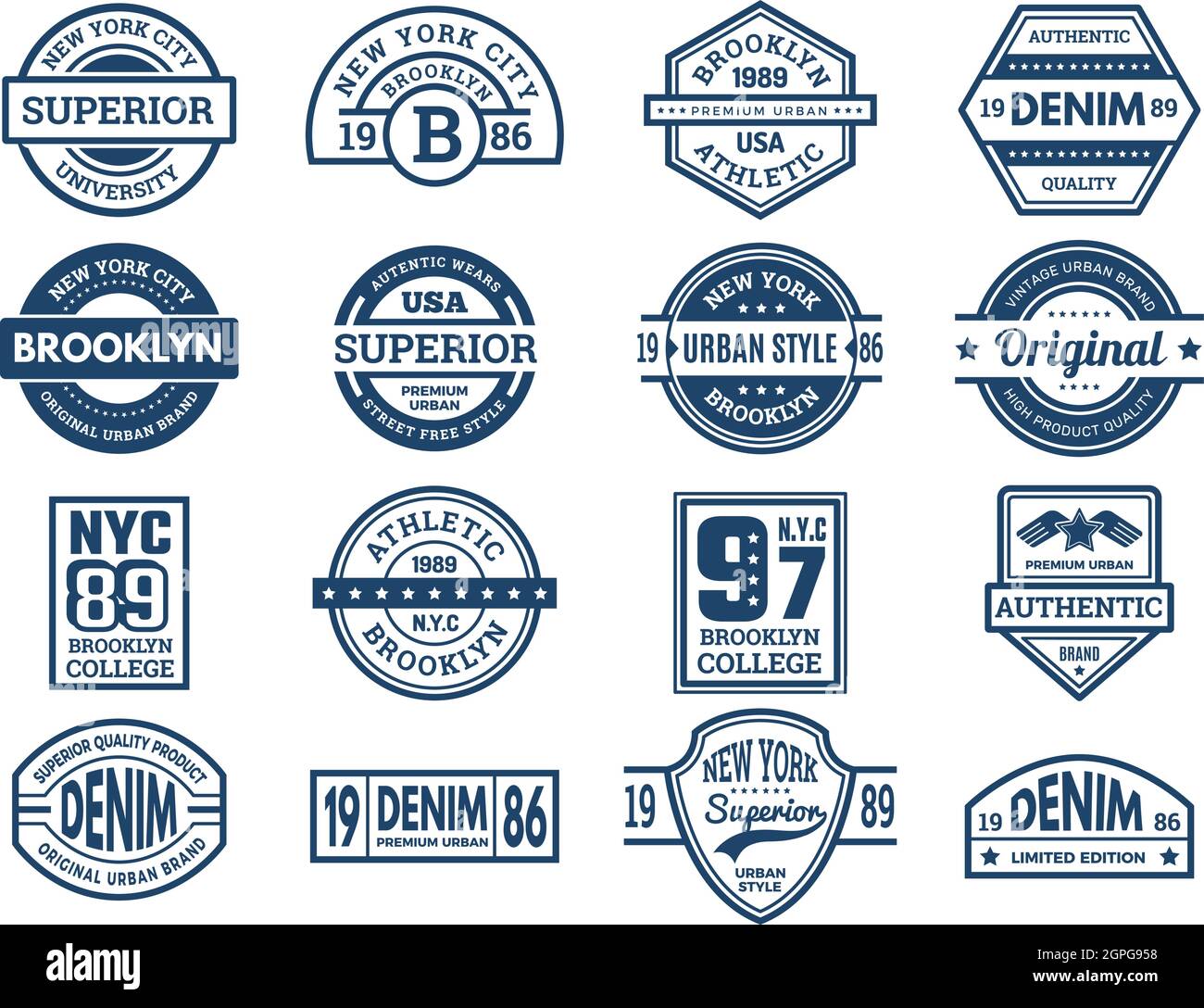 Jeans-Embleme. Vintage Typografie Labels urban style Wear Patches Sport Banner Stickerei Vektor Kollektion Stock Vektor