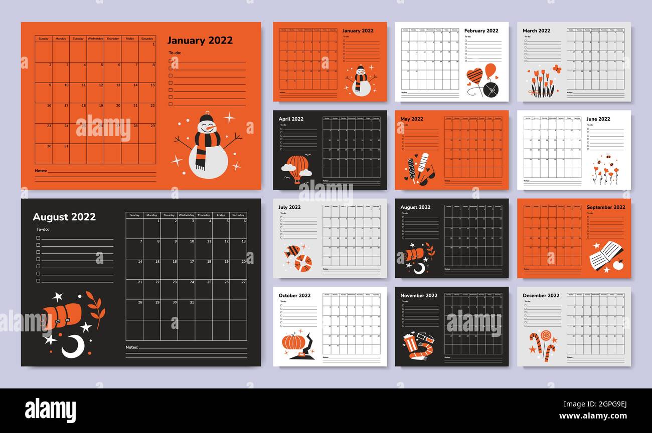 Horizontaler Kalender oder Planer 2022. Tiger-Jahr. Jahreszeiten. Satz von 12 monatlichen Seiten. Organizer Scheduler Timetable Vektorvorlage. Wandtisch Kalender Stock Vektor