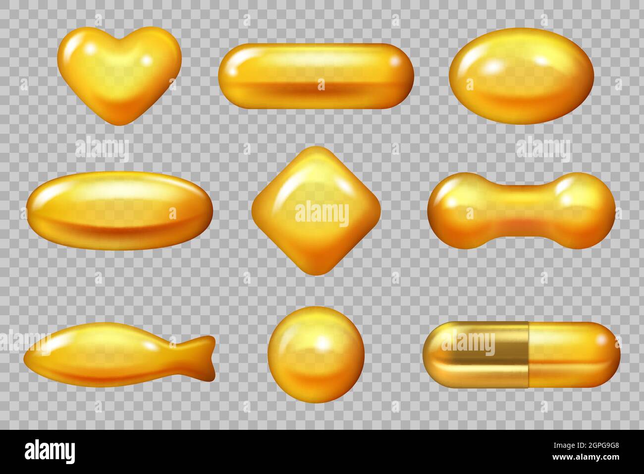Realistische Goldkapsel. Fallenlassen gelbe Kapsel für Haar Naturprodukte Vitamin E Omega Vektor 3d-Illustrationen Stock Vektor