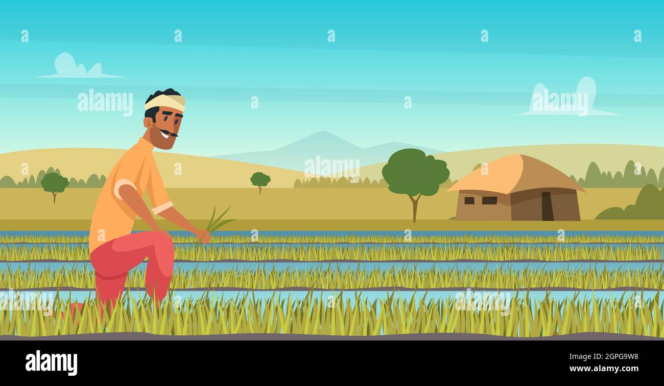 Indische Landwirtschaft arbeitet. Landwirt Ernte im Feld asien Vektor Hintergrund in Cartoon-Stil Stock Vektor