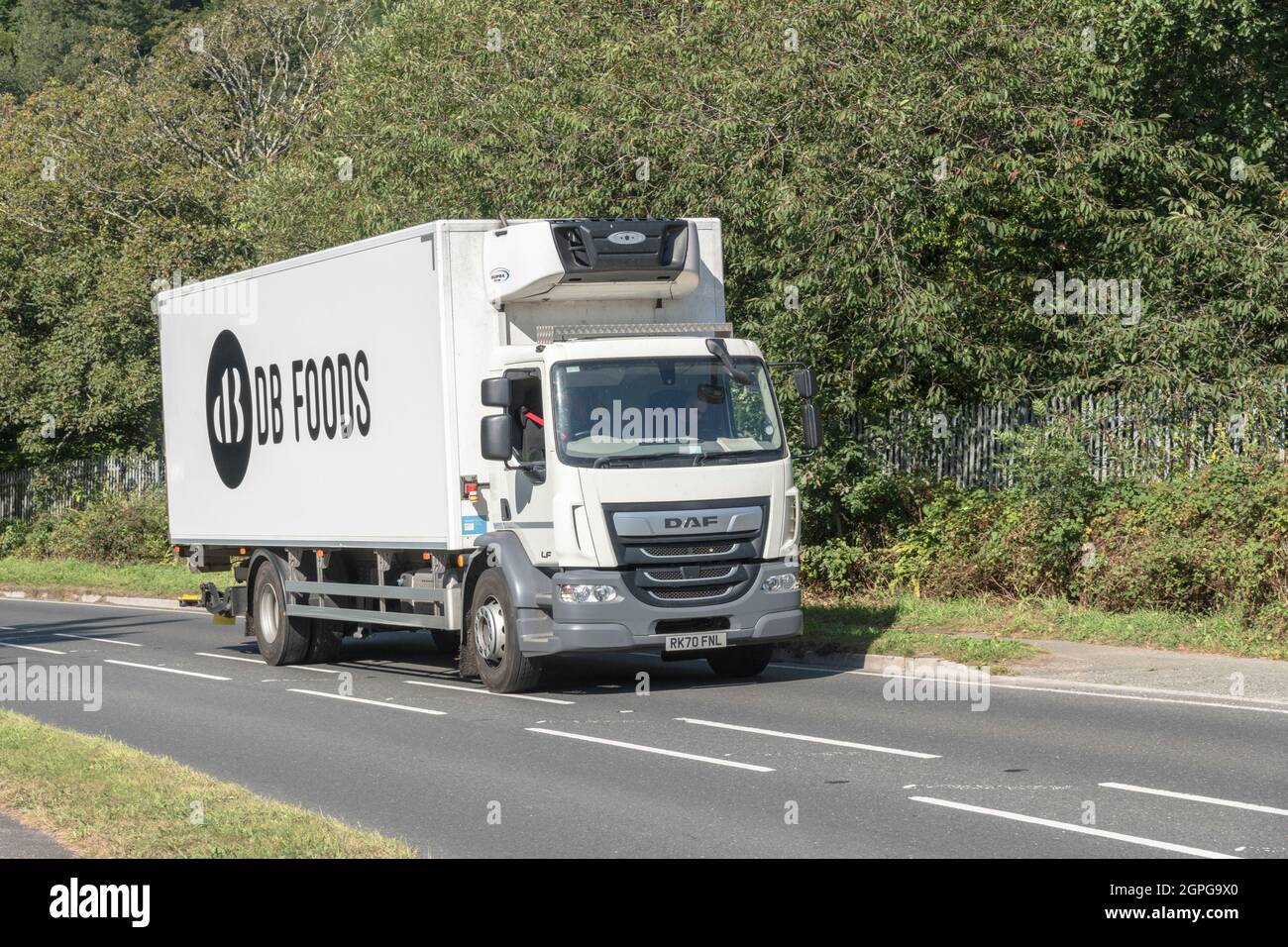 DB Foods DAF LF Lieferwagen unterwegs auf bergauf Land A Road. Für den Mangel an britischen Fahrern, Warenlieferungen während Covid, britische Transportindustrie. Stockfoto