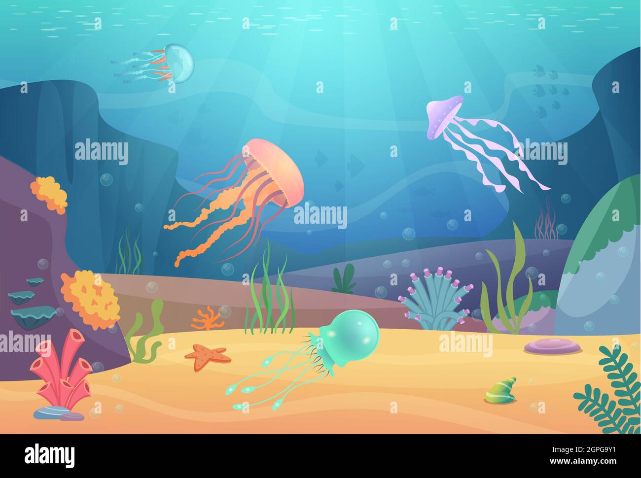Unterwasserwelt. Ozeanlandschaft mit Fischen und schönen Quallen Aquarium natürliche Tiere Vektor Cartoon Hintergrund Stock Vektor