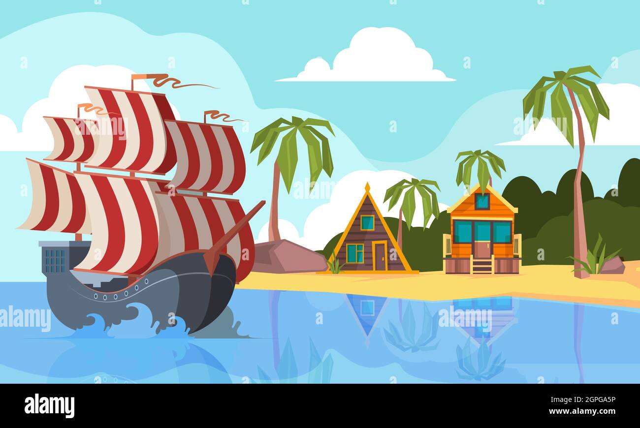 Piratenboot im Ozean. Meereslandschaft mit Piratenschiff auf Wellen in der Nähe der Wüsteninsel Vektor Cartoon Hintergrund Stock Vektor